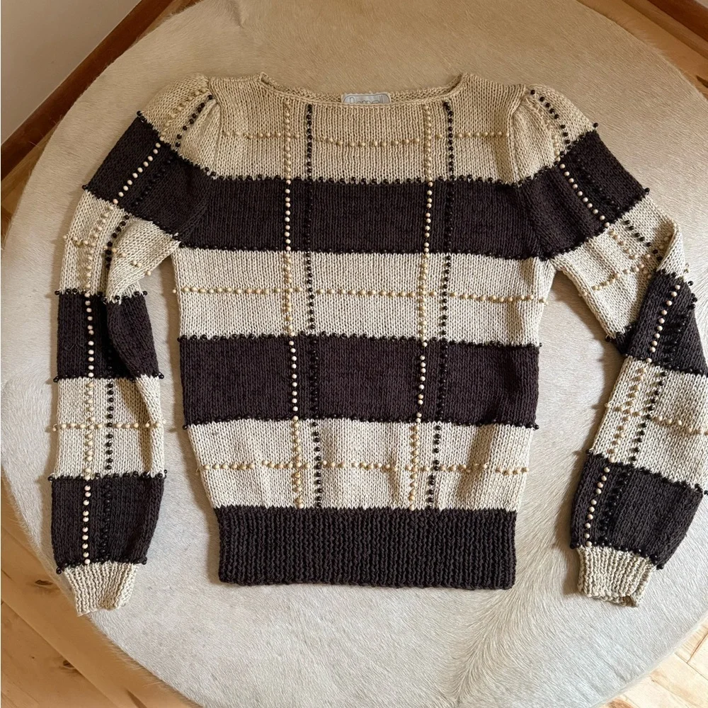 Chocolate Brown and Cream Striped Sweater w tiny wooden beads- Vintage Nannell - Picture 5 of 15